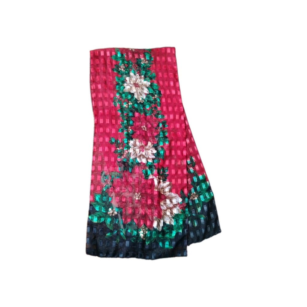 Women's Sheer Checkered Poinsettia Floral Christmas Scarf 12.5" X 58" Nice